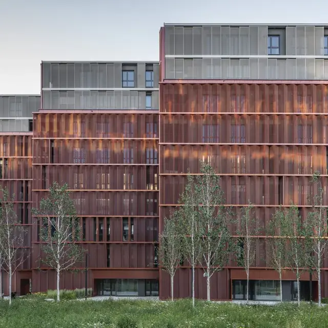 Vue de la façade brise-soleil en métal déployé de couleur cuivre